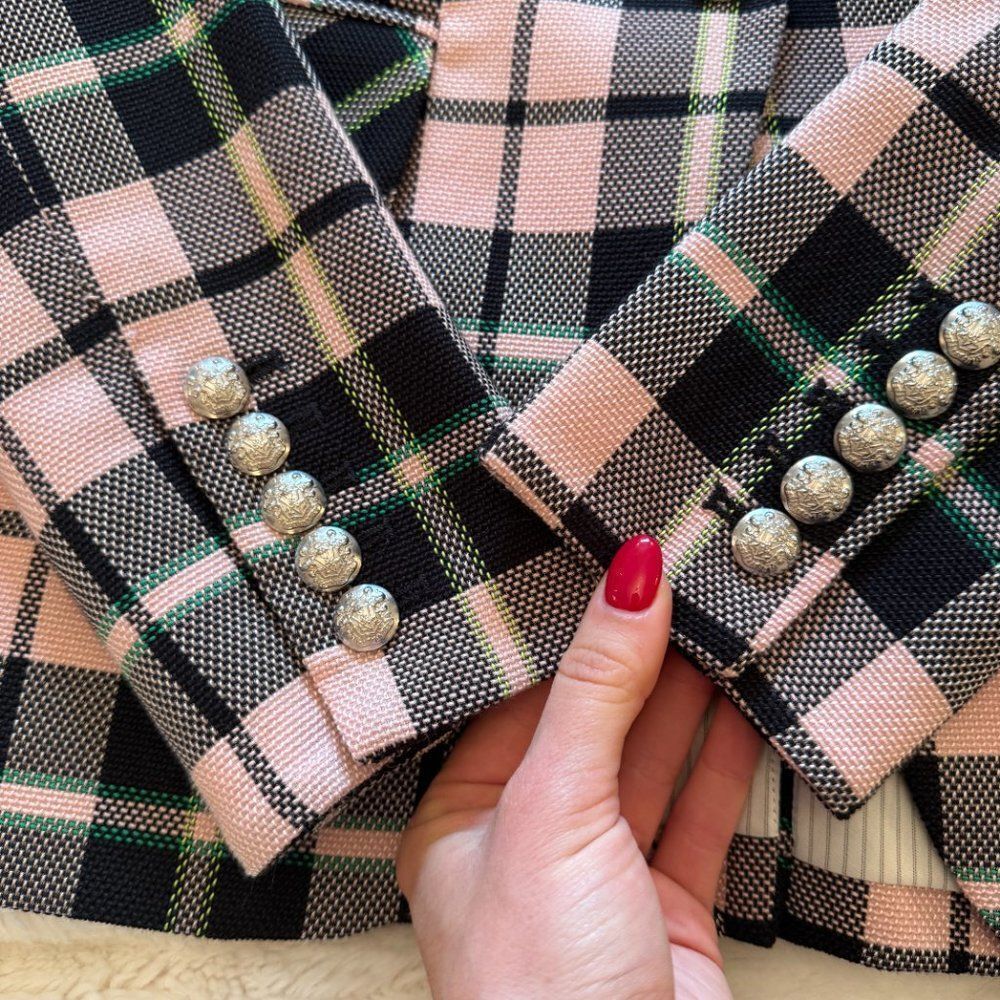 Veronica Beard Pink and Green Plaid Cutaway Dickey Blazer Jacket - Picture 7 of 11